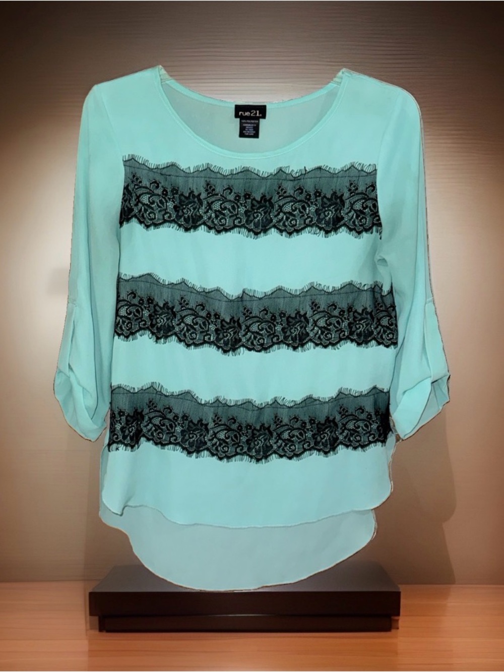 Rue21 Minty Blue Blouse with Black Lace Stripes-M-GC